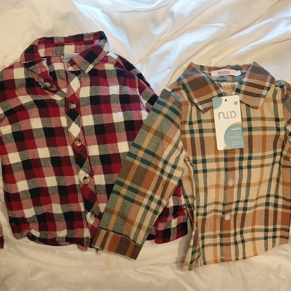 Boys Kids Plaid Button Down Shirts 3T Red Brown